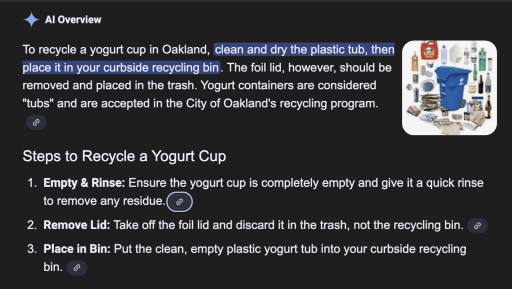 AI results to query how to recycle yogurt cup in Oakland