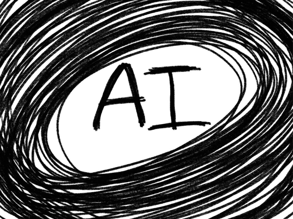Handwritten AI in the center of the swirling circular line